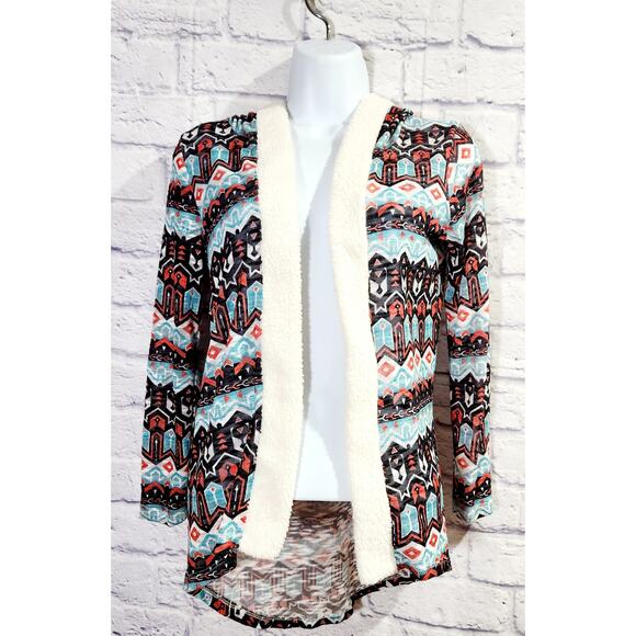 Self Esteem Black Teal Orange Sherpa Collar Cardigan Medium Hooded - Picture 1 of 5